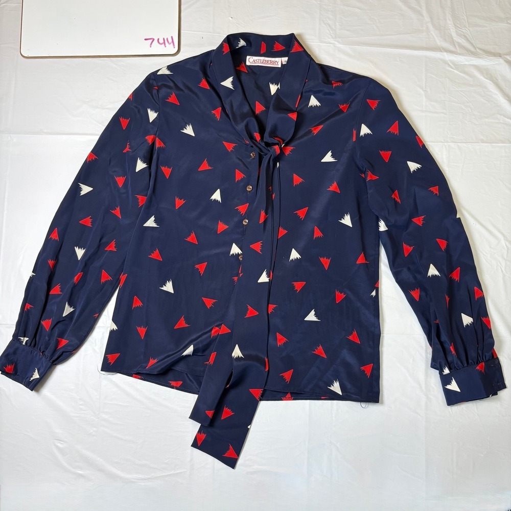 Castleberry Vintage Navy Blue‎ Red White Geometric Pussycat bow Blouse Womens 8
